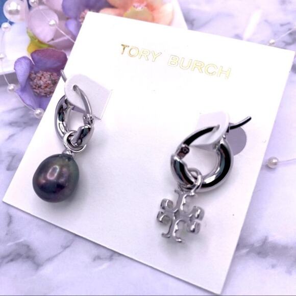 NWOT Tory Burch Silver Mix Match Gun Metal Pearl Hoop Earrings - Picture 2 of 8